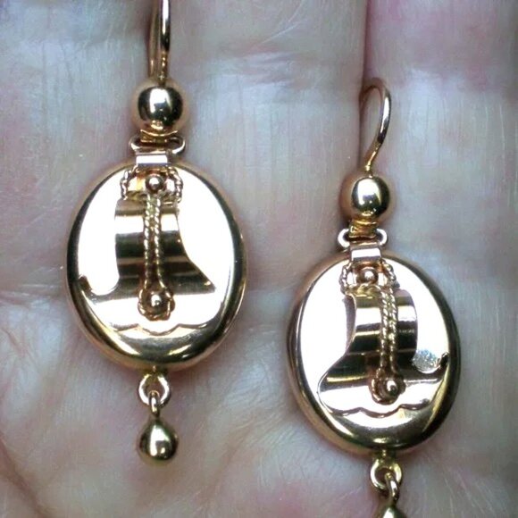 Antique Vintage Russian USSR 14K 583 Rose Pink Gold 3D Dangle Drop EARRINGS # 1 - Picture 4 of 10